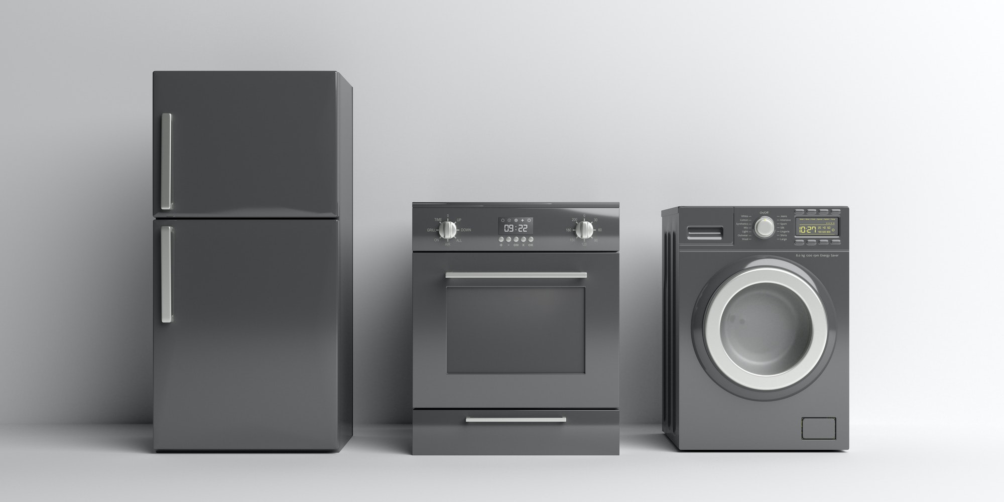 Home appliances set black color on white background. 3d illustration